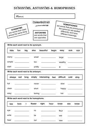 worksheet - synonyms, antonyms and homophones
