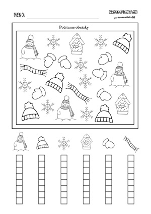 Zimný pracovný list pre deti - počítame zimné obrázky